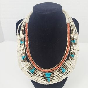 Vtg Seed Beads Bib Necklace Choker~Southwestern Style~18"